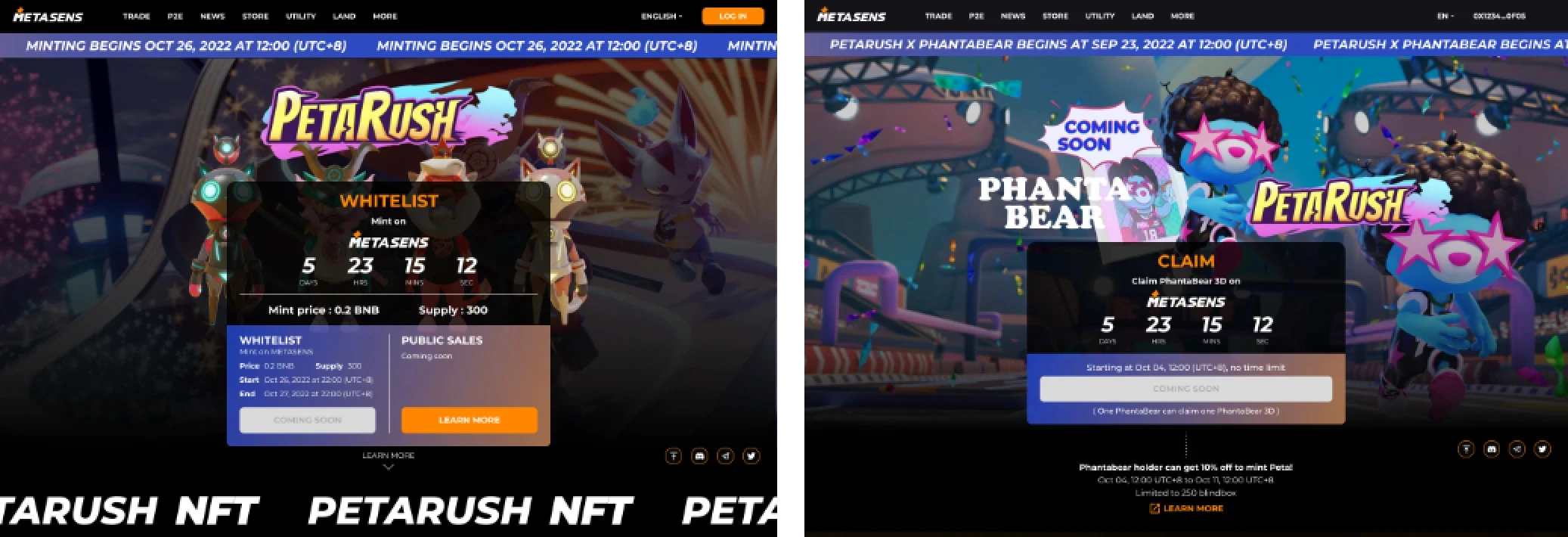 Metasens PetaRush NFT whitelist mint at 0.2 BNB and PhantaBear 3D claim event pages with countdown timers
