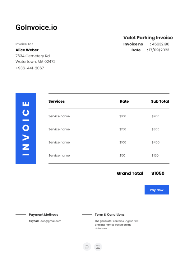 Valet Parking Invoice