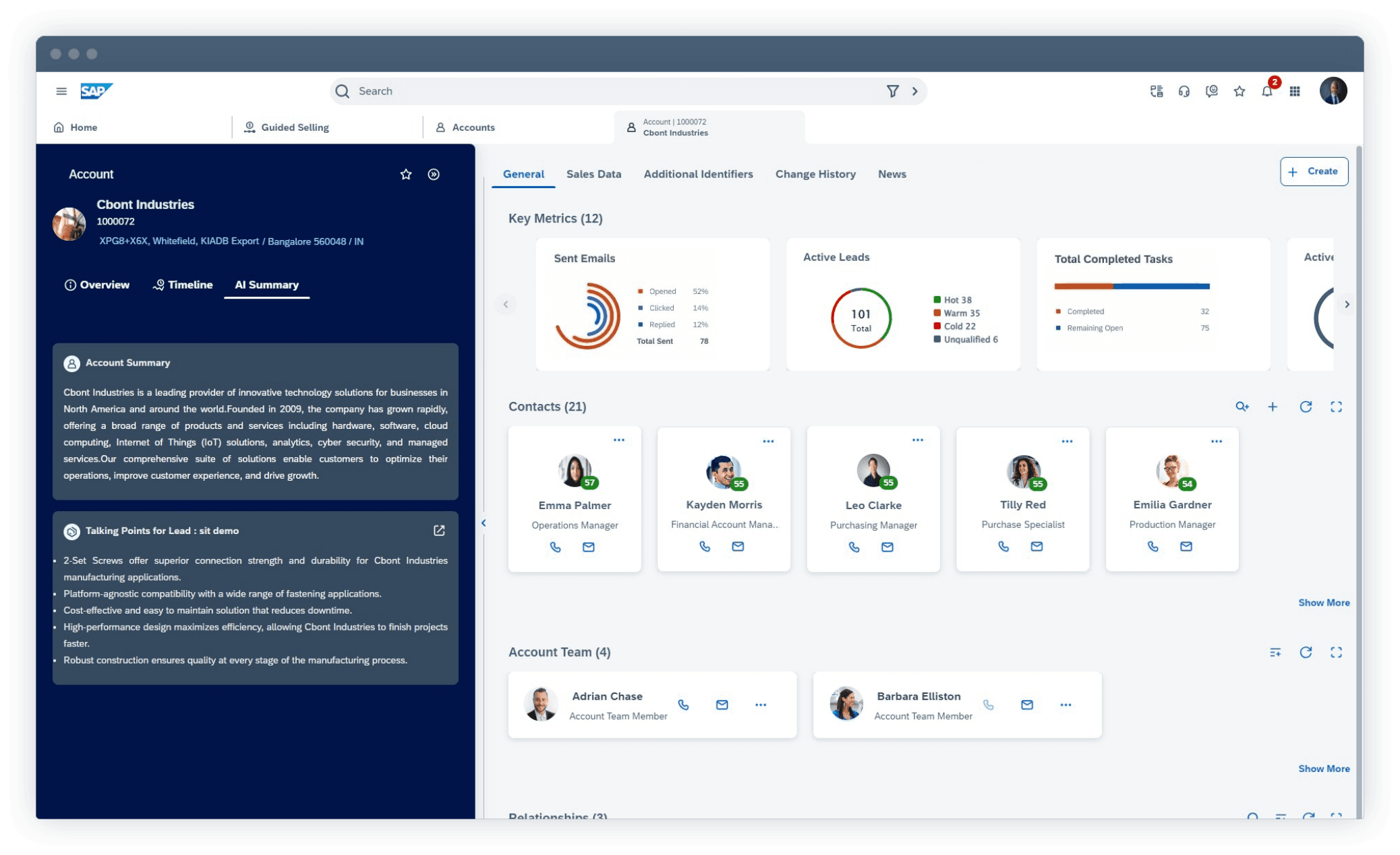 SAP CRM account dashboard showing an AI-generated company summary, active leads, contact grid, and account team for a banking client