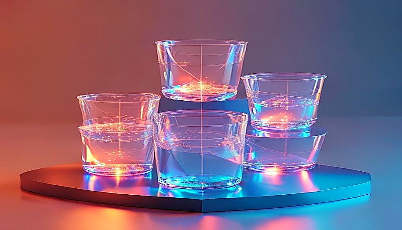 Three glowing geometric buckets filling at uneven rates, mapping the three ROI buckets in SaaS design investment decisions.