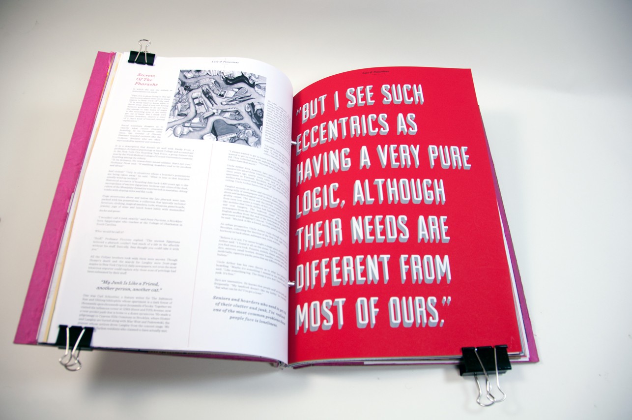 an opened book with lots of text on the left side on a white paper, and on the right side is a quote on a red background