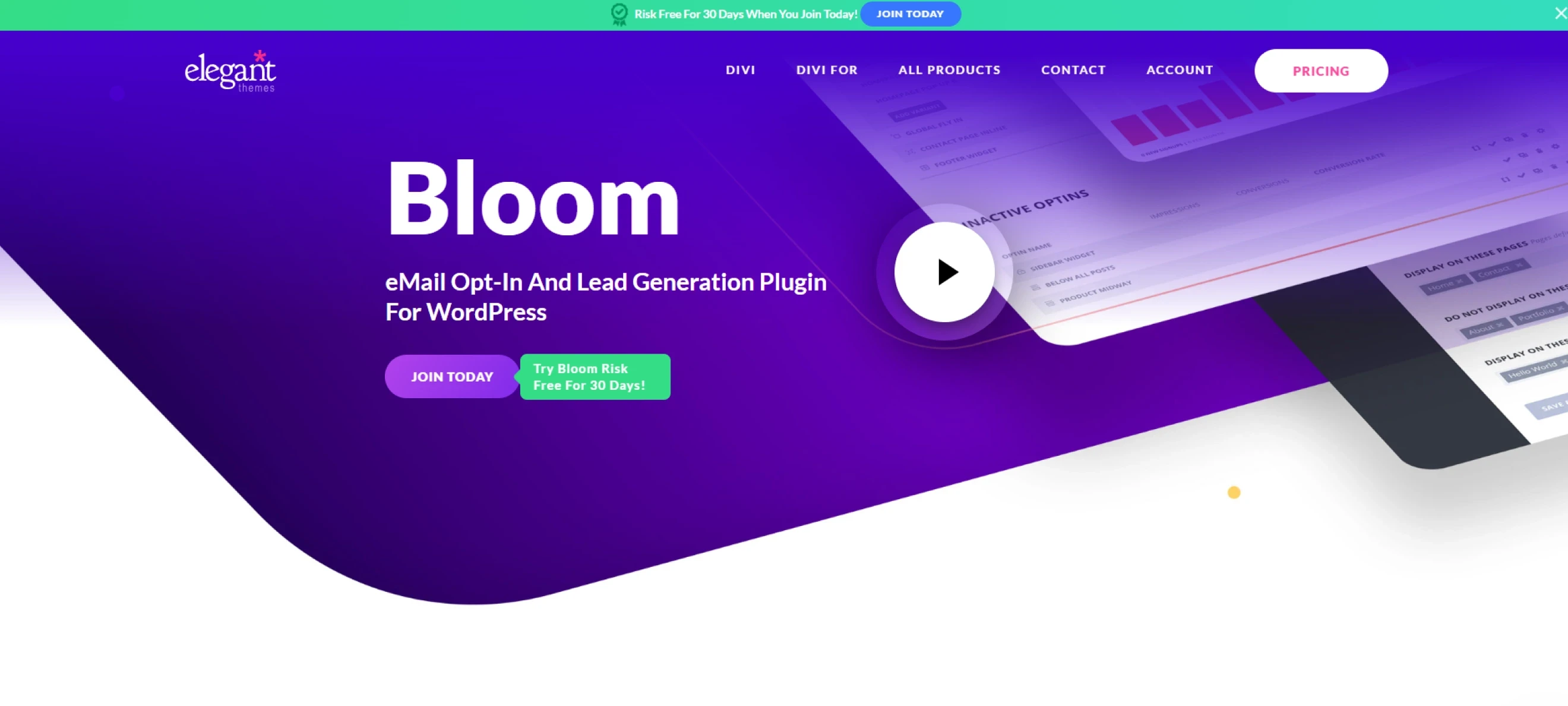 Bloom website hero section featuring the headline “Email opt-in and lead generation plugin for WordPress”