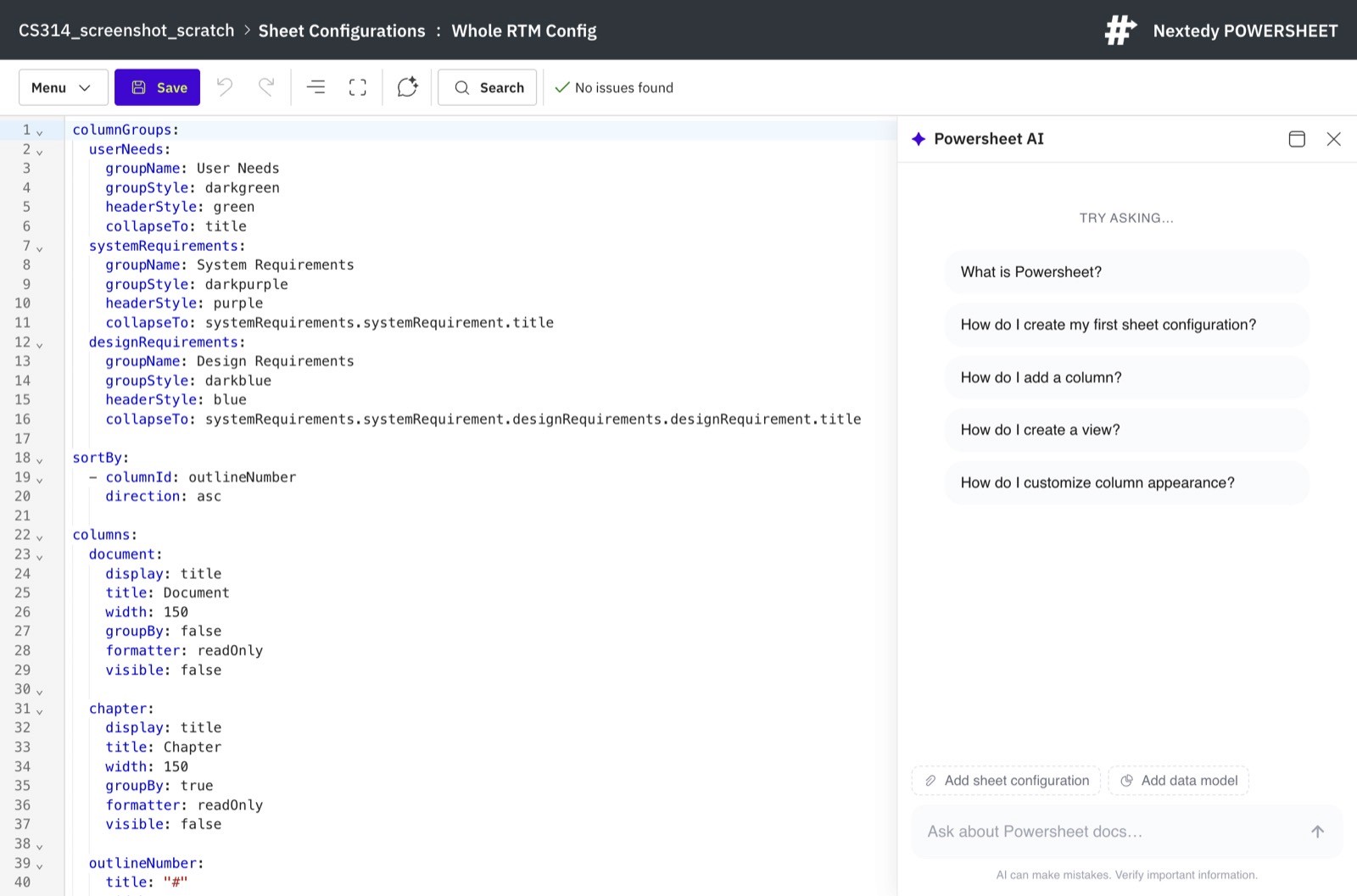 The ✦ Powersheet AI panel open beside a sheet configuration in the Powersheet configuration editor, offering starter questions an administrator can ask.