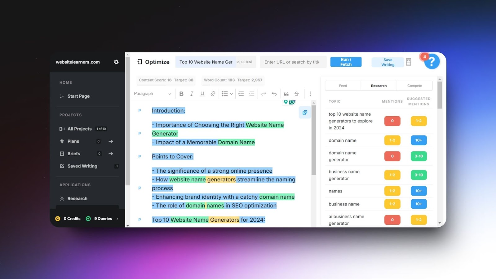 Screenshot of MarketMuse AI content optimization tool designed to assist with research and improve business content strategy effectiveness.