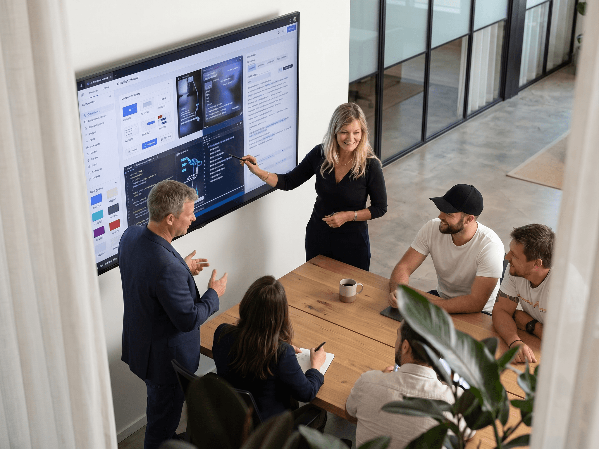 man in a black shirt working at his computer surrounded by 3 female collegues 