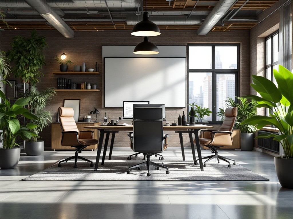 A modern office with a large window, a wooden desk, and three chairs.