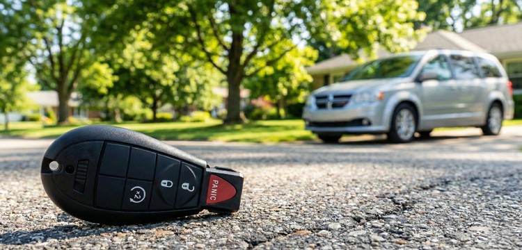 Lost car key fob lying on the road with a vehicle in the background