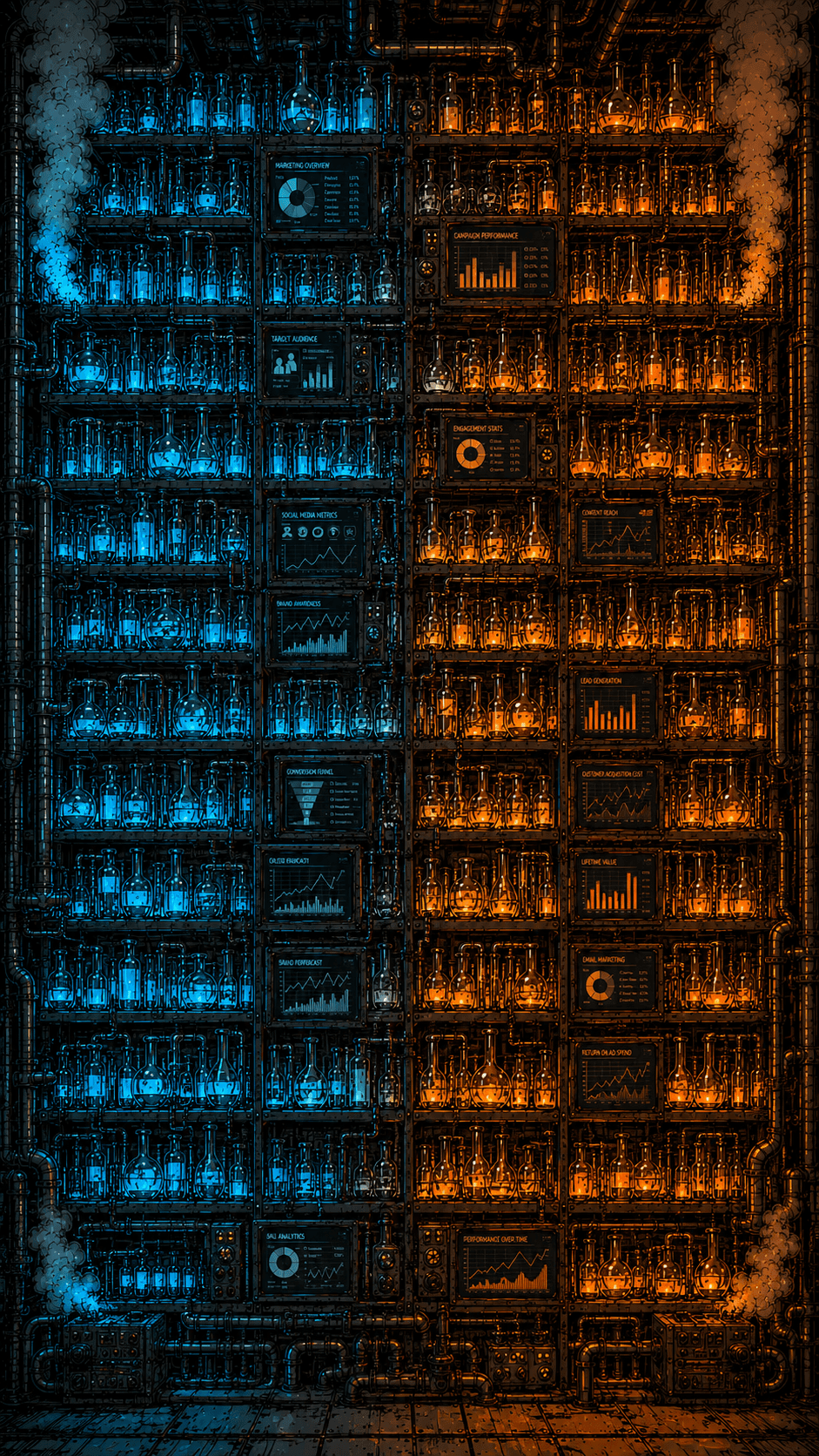 Wall of glass chemistry beakers and computer screens
