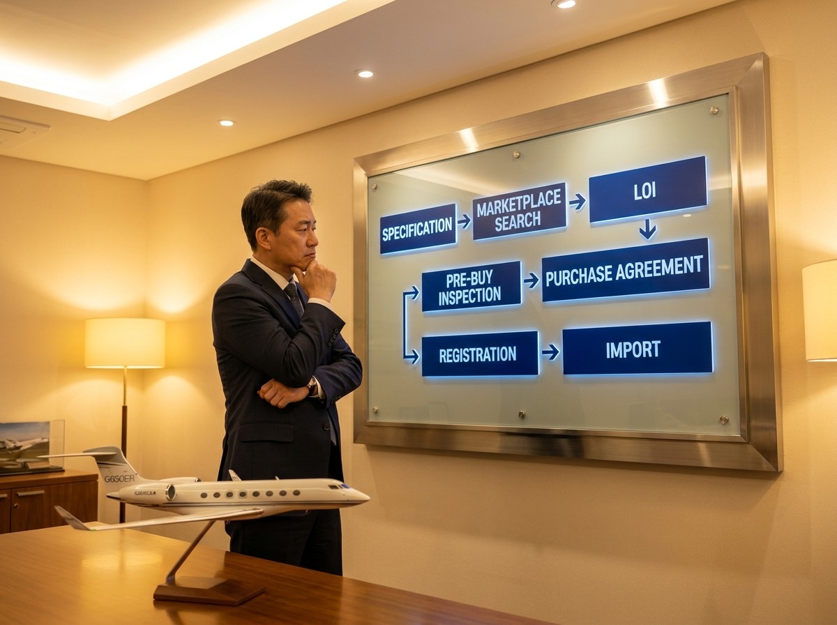 Aircraft acquisition advisory 7-step process — Pre-Buy Inspection, Korean registration, VAT, import for HNW buyers