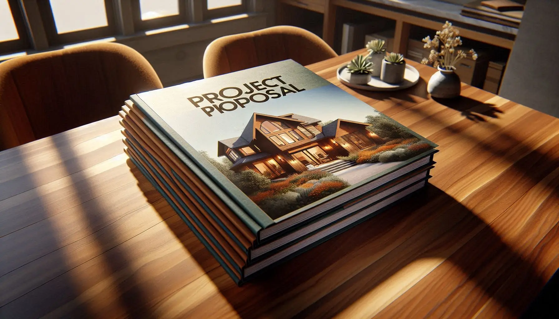 An image of project proposal books sitting on a wood table bathed in natural light.