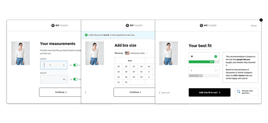 screenshots of various Fit Finder question screens