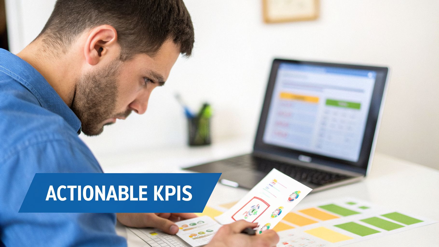Man in blue shirt analyzing actionable KPIs and business data on papers and a laptop.