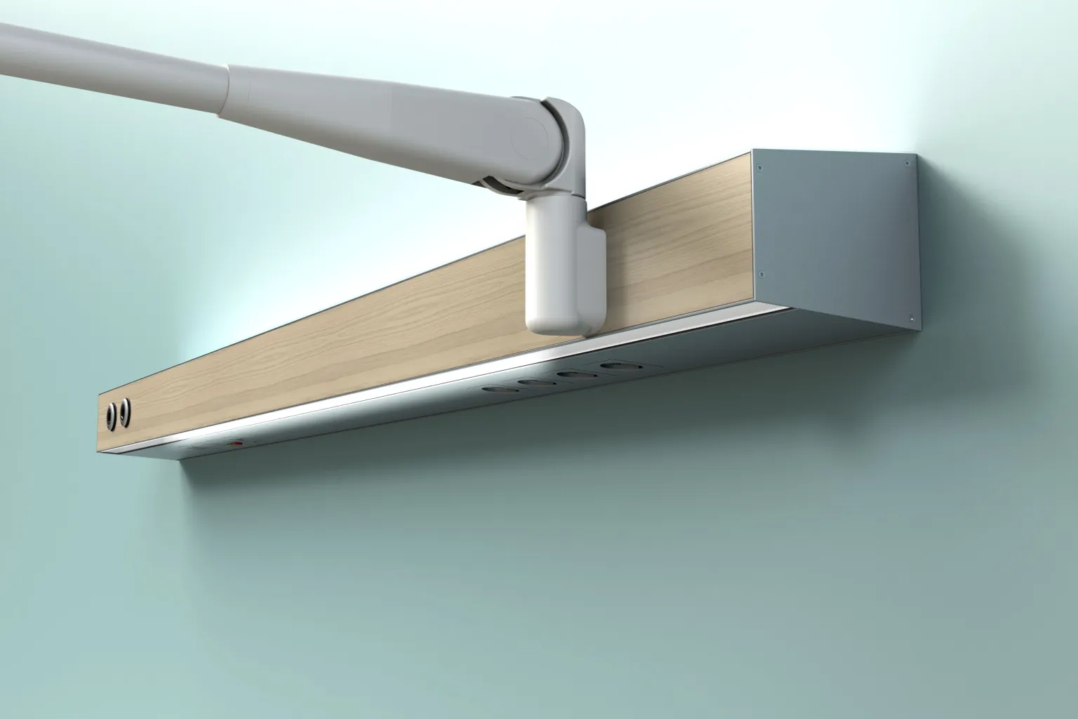 Schyns S700 medical supply unit with integrated television arm and wood finish