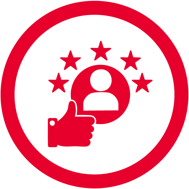 Red circle featuring five stars and a thumbs up, representing personal, business, and vehicle storage in Al Quoz.