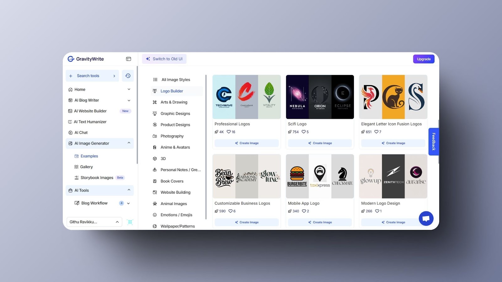 screenshot of GravityWrite’s tool showcasing its logo builder and other AI tools including wallpapers, business logos, graphic design options, and more 