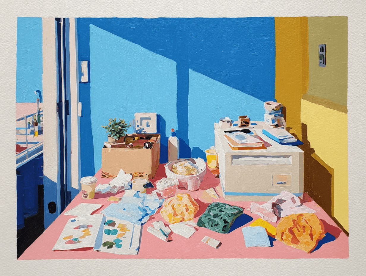 A creative studio with a printer, scattered materials, and distinct blue and yellow work areas