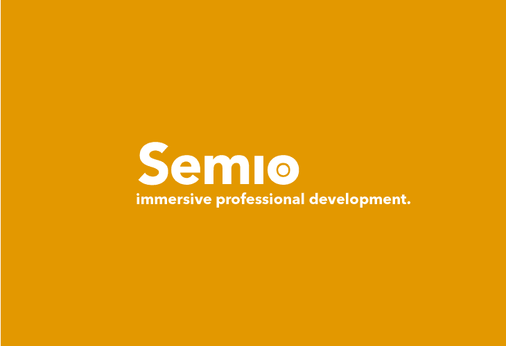 The hero image features a yellow background with the word "Semio" in white text at the top left. Below it is a description stating, "A professional development platform that uses simulations and analytics to boost learning engagement and effectiveness." To the right, there is a diagram consisting of four white squares connected by dashed lines, each featuring a play button, arranged vertically.