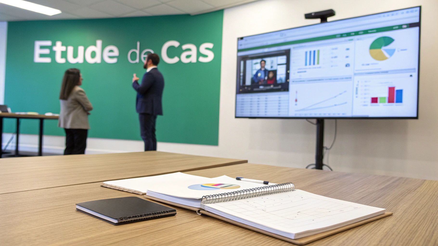 Deux personnes discutent dans une salle de réunion moderne avec un grand écran affichant des graphiques et des notes sur la table.