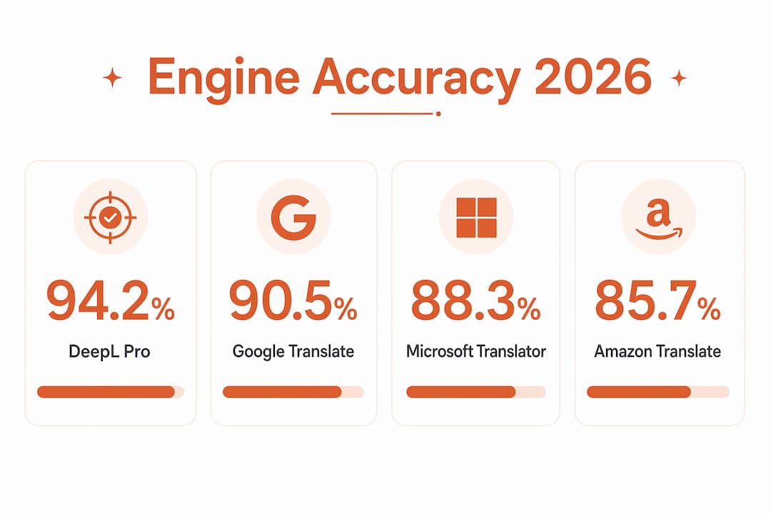 Infographic showing 2026 translation engine accuracy stats