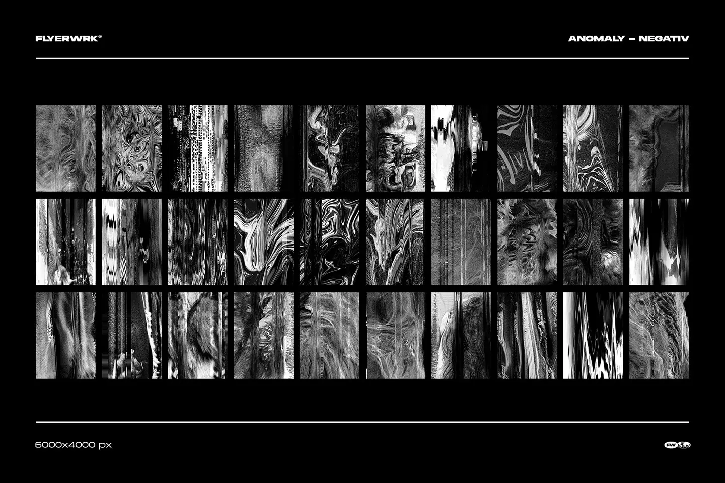 Grid overview showing thirty two anomaly digital glitch textures in high resolution negative black and white