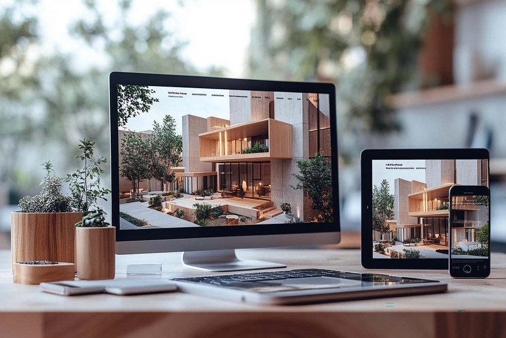 Mesa de trabalho de arquitetura com notebook, plantas impressas e materiais de projeto para representar site profissional para escritório de arquitetura.