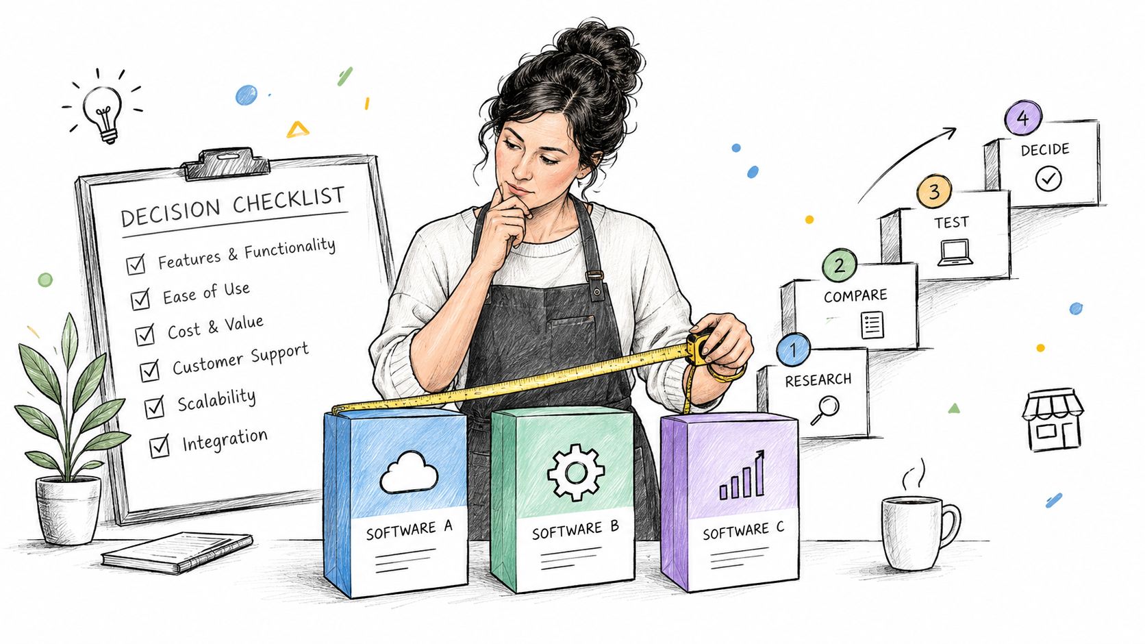 A professional analyzing different software options using a decision checklist and a tape measure in a workspace.