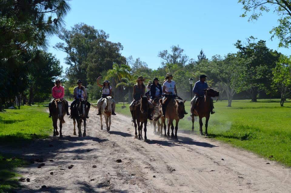 Mujer sentada sobre un tronco frente a una cascada doble en un bosque frondoso de Argentina.