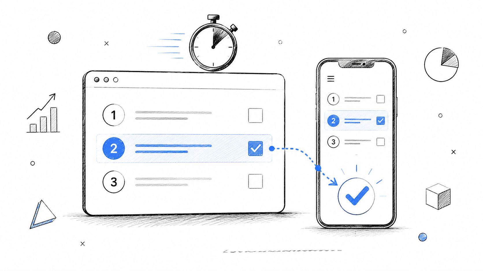 A hand-drawn illustration depicting a workflow transition from a task list on a screen to mobile completion.