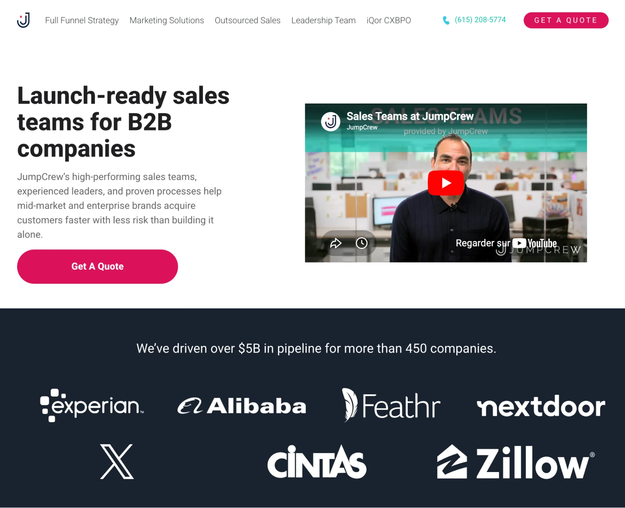 JumpCrew homepage: outsourced sales team augmentation across SDR, BDR, and AE roles