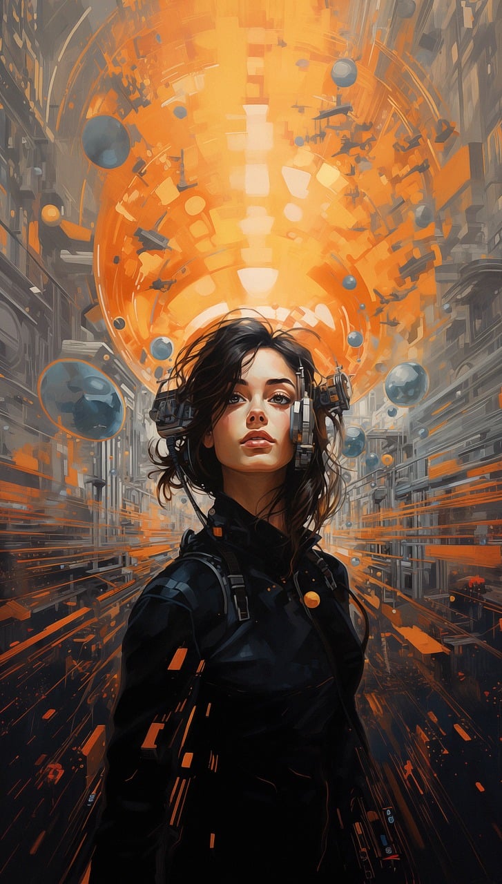 Futuristic painting of a woman with technological enhancments 