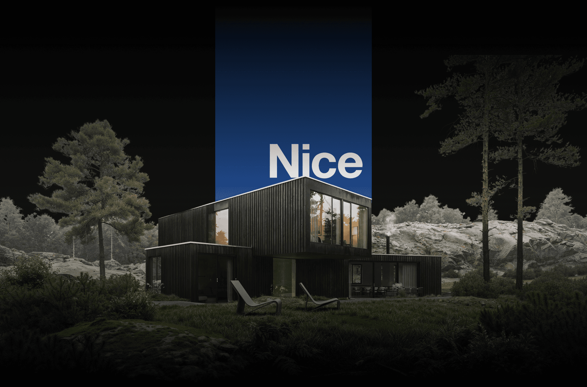 Modern black house with the word "Nice" above