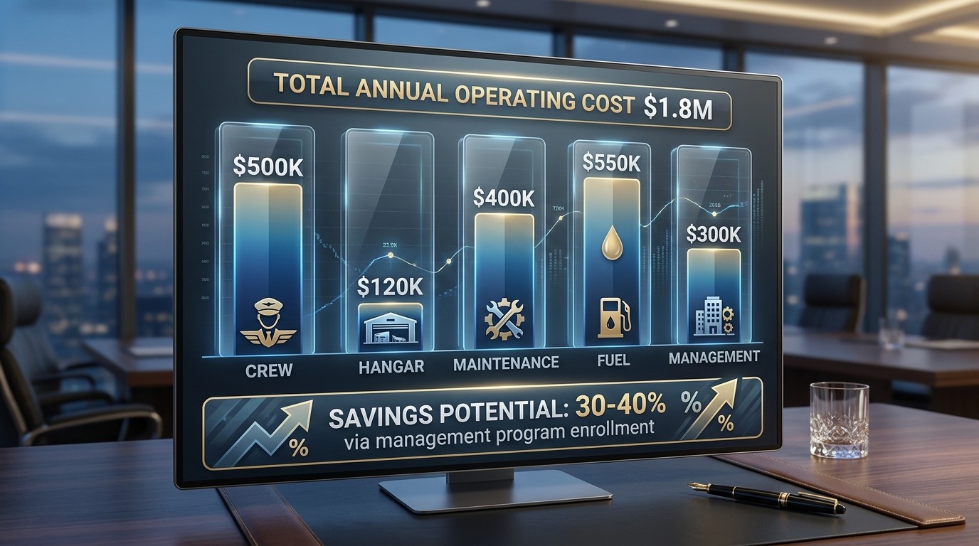 Private jet operating cost five categories — crew, hangar, maintenance, fuel, management for super-midsize
