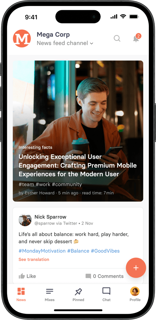 Mobile interface of tchop™ news feed showcasing content updates and user engagement, highlighting premium mobile experiences with interactive comments and social sharing options.