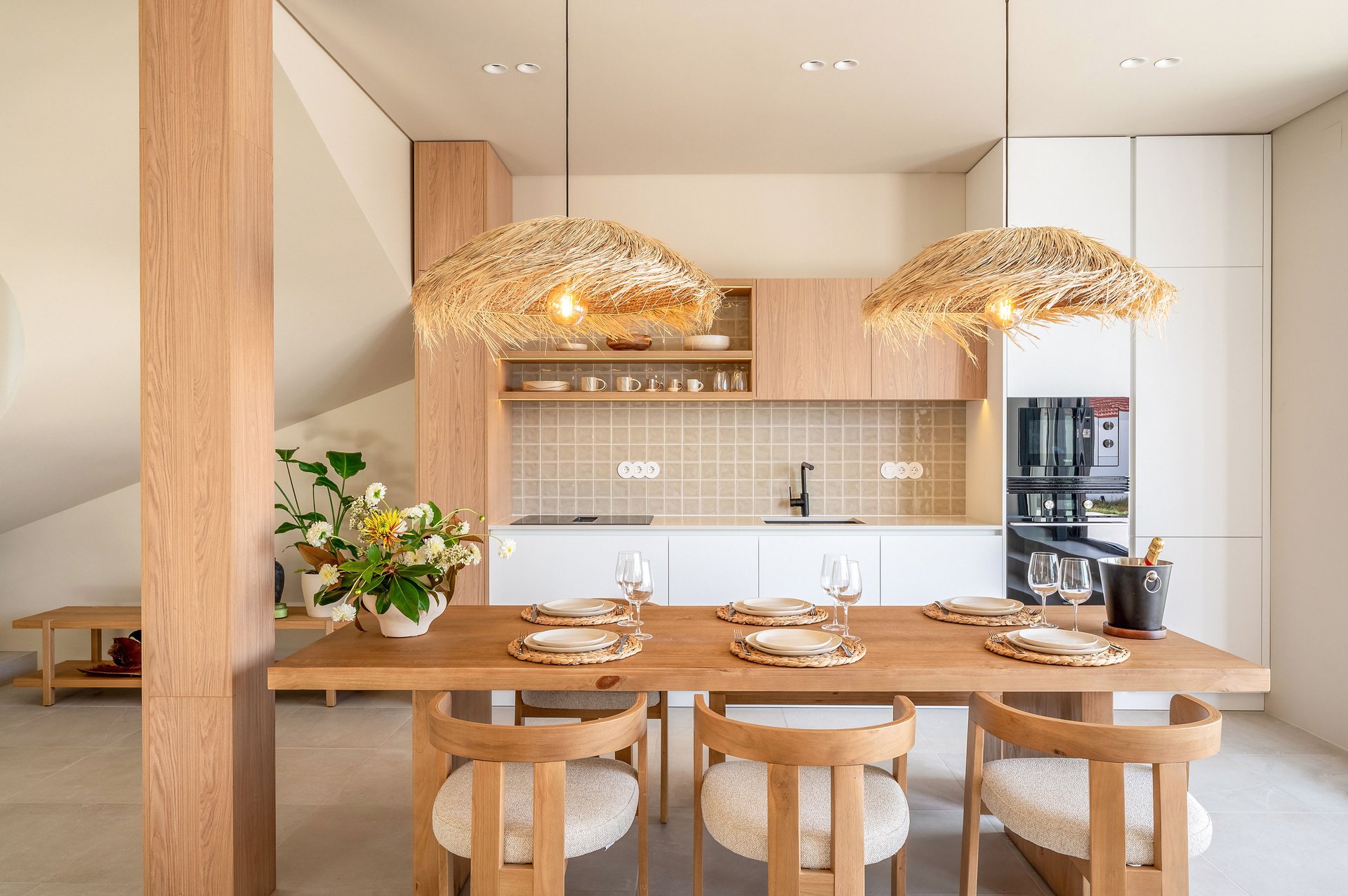 Dining area with natural materials at Villa Flora