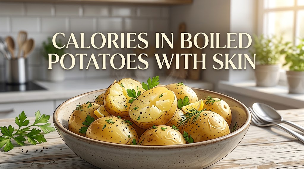 An eye-catching infographic for an article about the calories in boiled potatoes with skin. A beautiful bowl of perfectly cooked, seasoned potatoes garnished with fresh herbs sits on a wooden kitchen counter. The large, elegant text overlay reads 'CALORIES IN BOILED POTATOES WITH SKIN,' making it highly clickable and informative for health-conscious users.