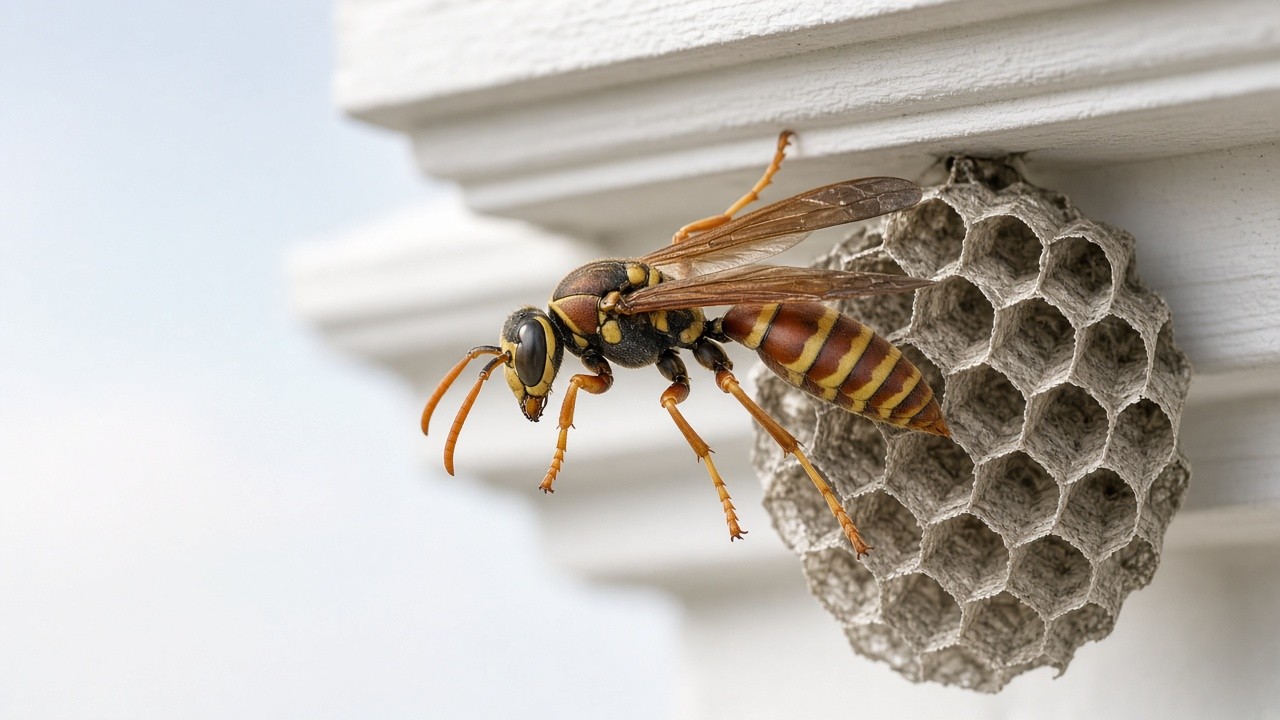 Paper wasp on its nest under a roof eave, wasp nest removal in McKinney, TX