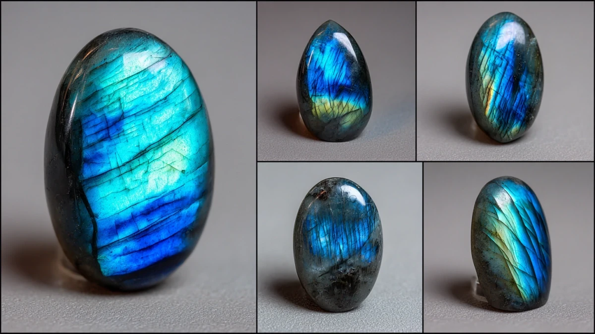 Labradorite stone showing directional color flash from different angles
