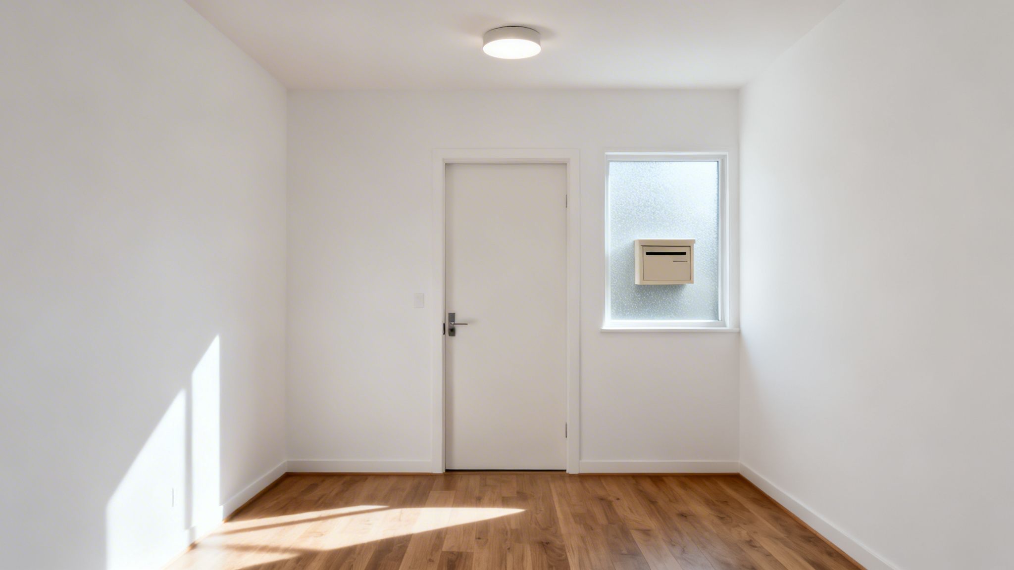 Ett tomt, ljust rum med vita väggar, trägolv, en vit dörr och ett fönster med postlåda. Solstrålar skapar skuggor.