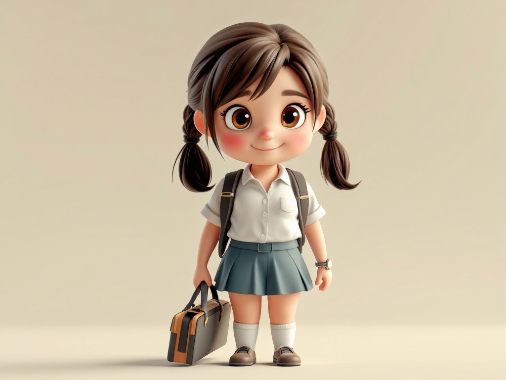 A 3D render of a cute cartoon girl wearing a school uniform and carrying a bag.