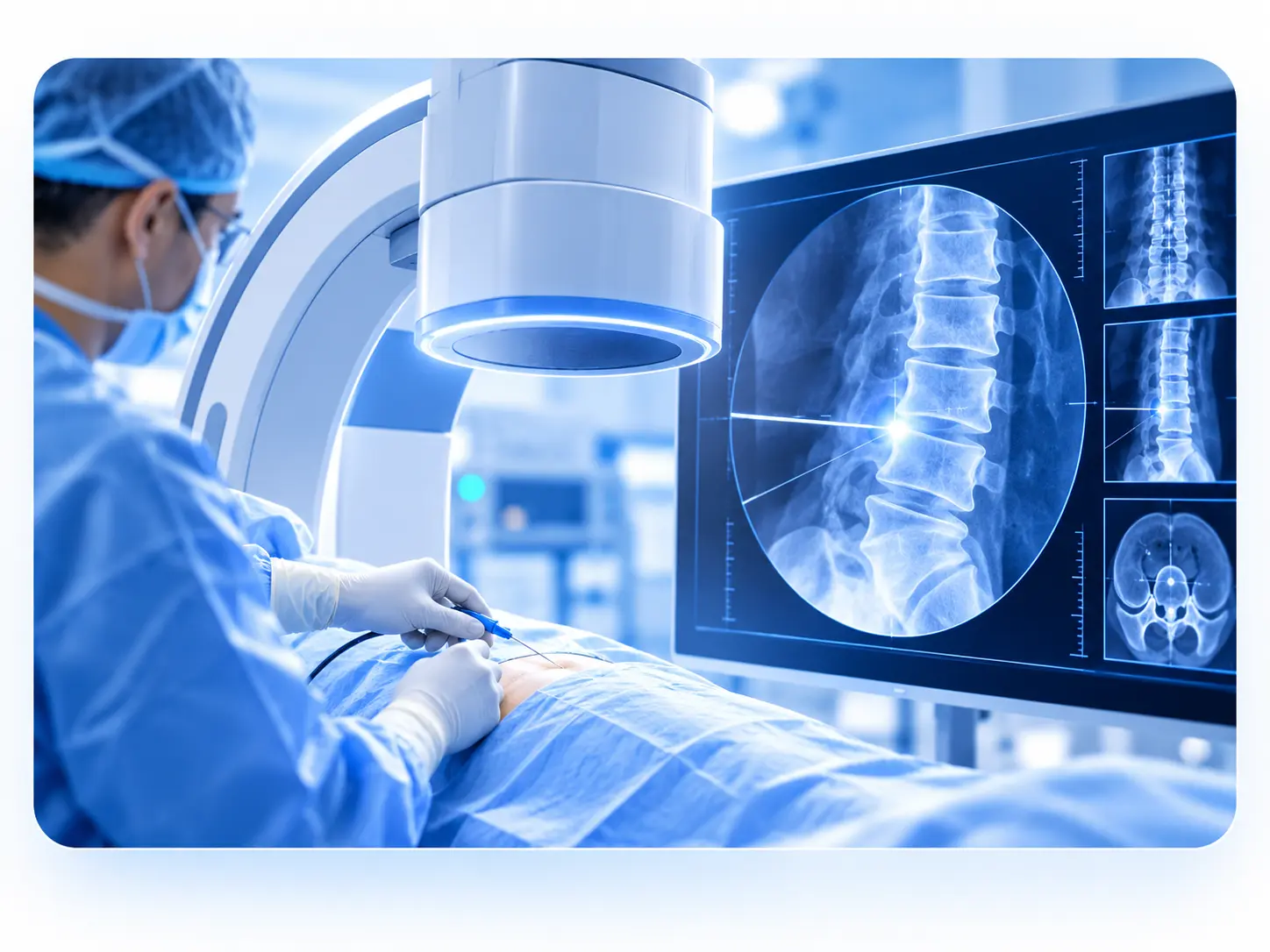 Fluoroscopy-guided spinal pain procedure using live X-ray imaging