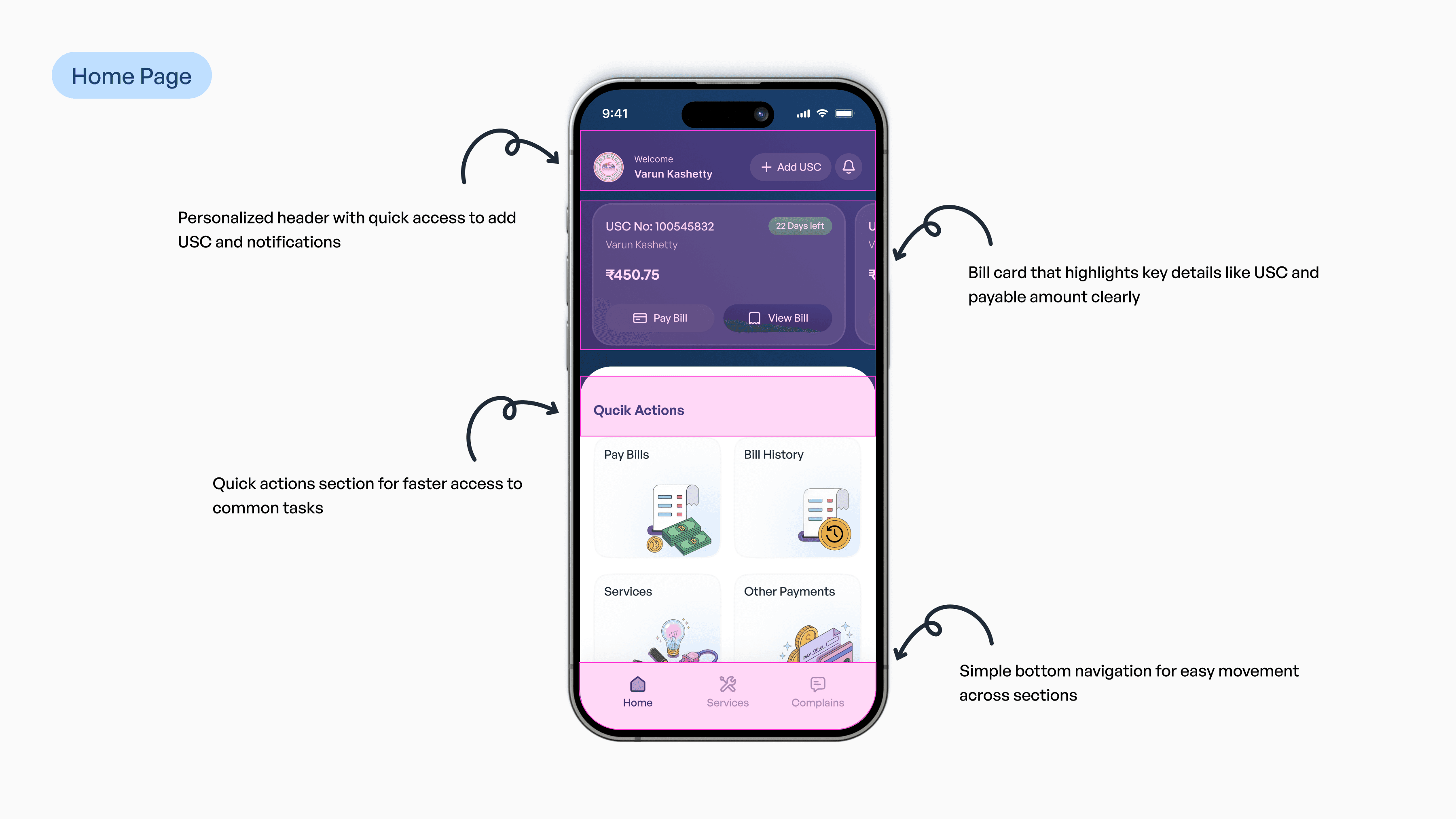 Telangana Electricity app main screen dashboard section explained