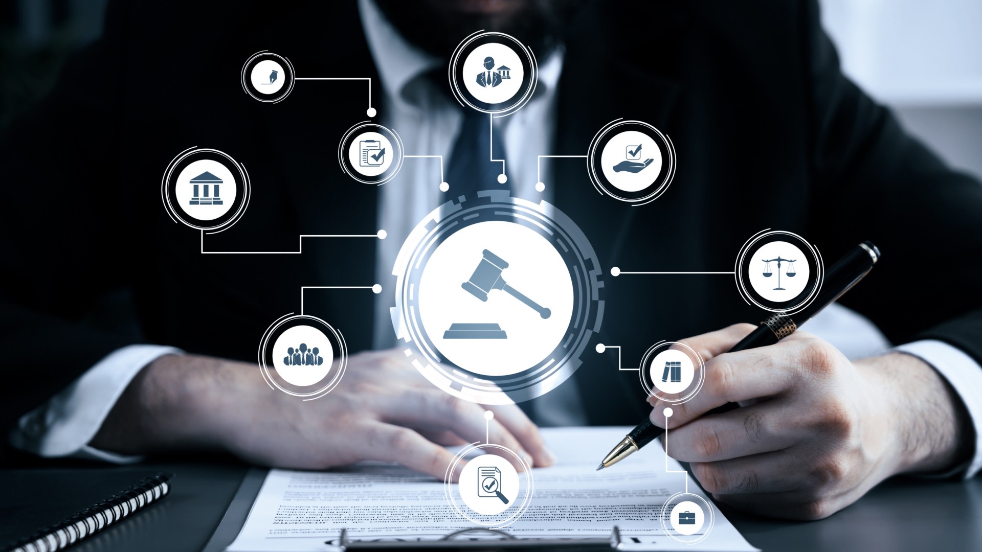 Sanctions screening and watchlist management for tier 1 banks, showing a compliance officer reviewing legal and regulatory documents with icons representing governance, risk, sanctions checks and financial regulations.