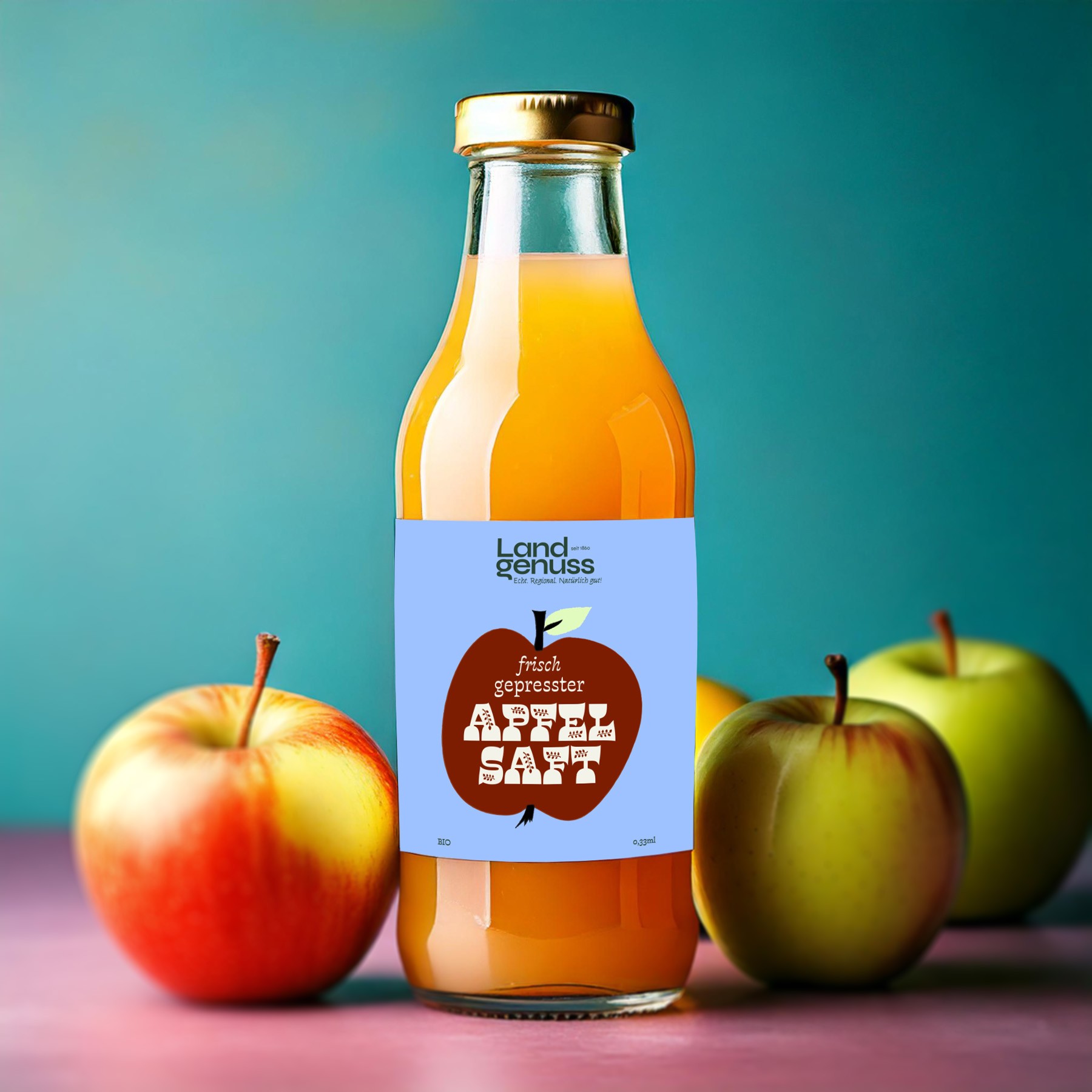 kleine apfelsaftflasche mit bunten etikett vor trükiscem Hintergrund umegebn von äpfeln