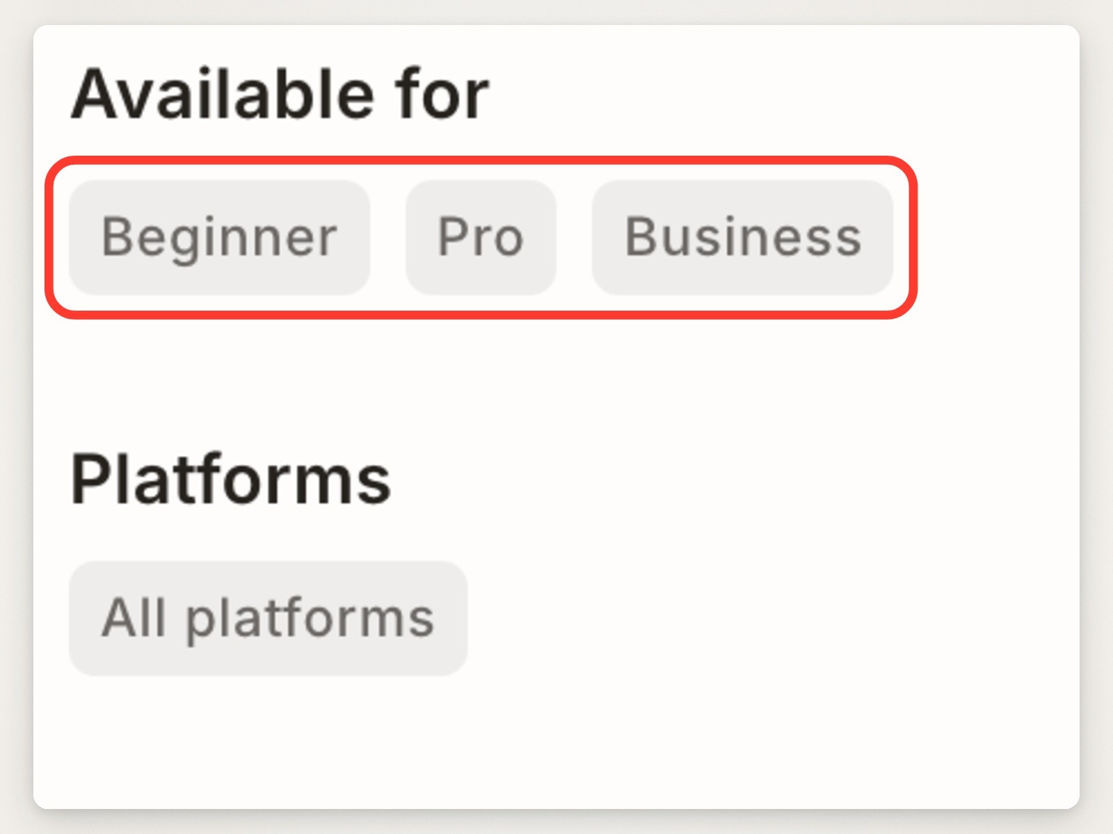 Todoist article side column reading Available for Beginner, Pro and Business, boxed in red, and Platforms, All platforms
