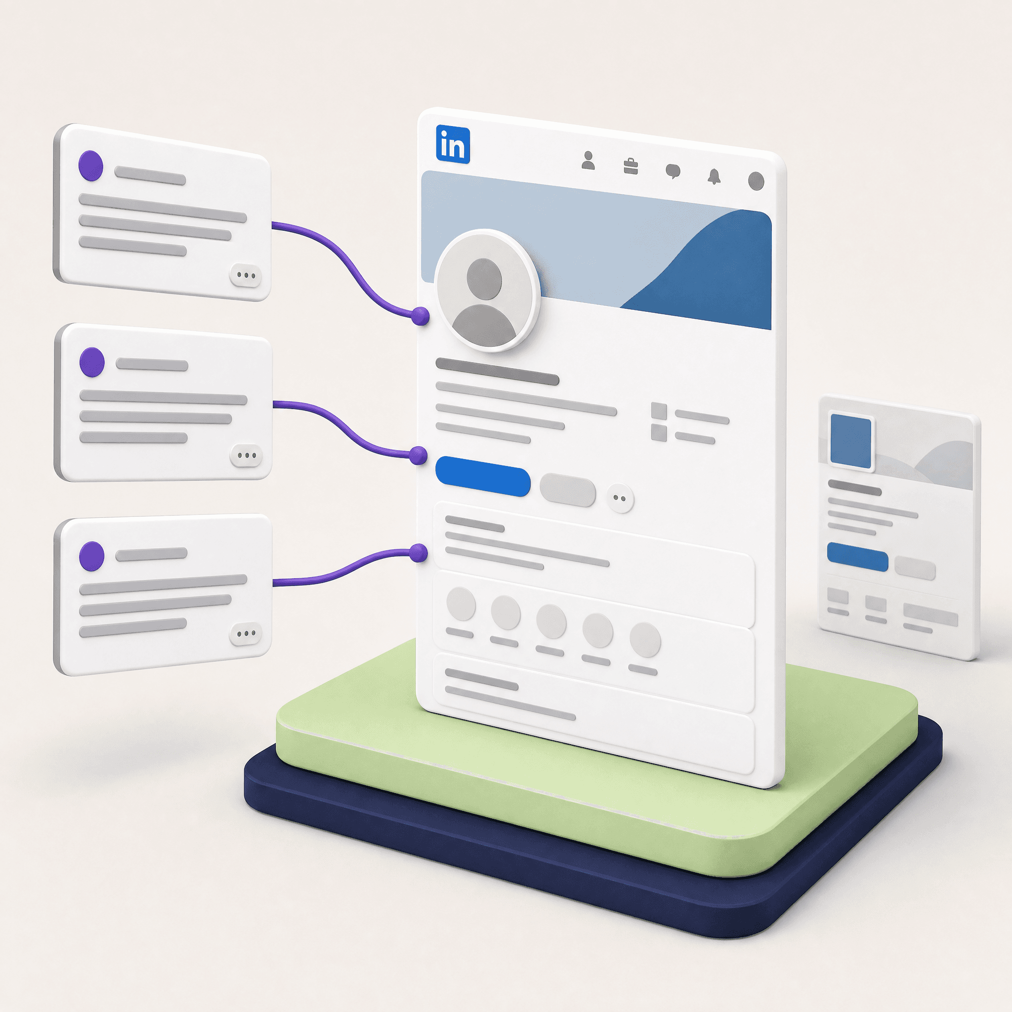 Three AI answer windows with purple citation lines running to a large LinkedIn personal profile, while a small faded company page beside it gets no lines