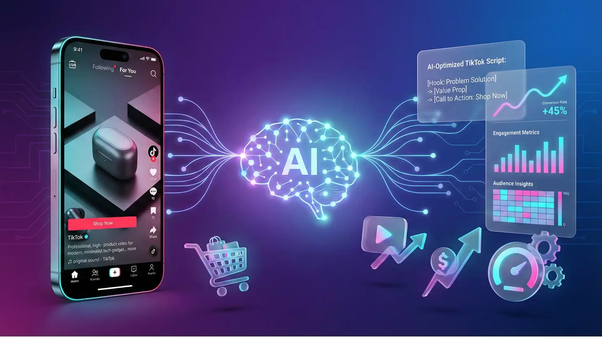TikTok Shop AI-powered script generator connecting product videos to conversion metrics and automated content creation for D2C brands