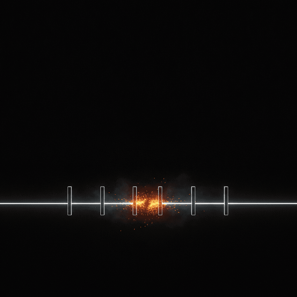 Five points of cool white light along a thread, one glowing orange where the thread breaks
