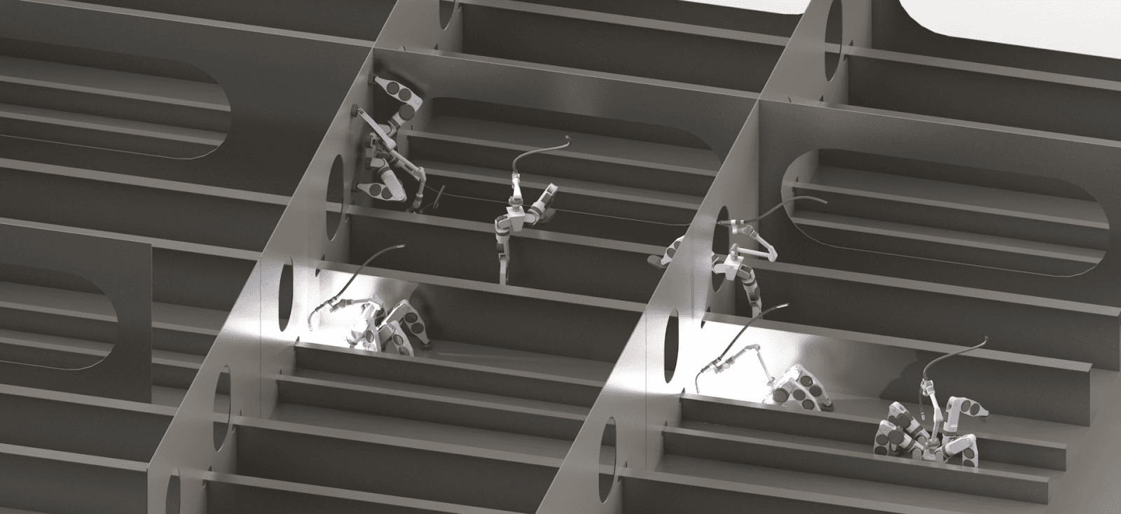 Spider 30 3D 렌더링 — 선박 내부 구조물에서 작업 중