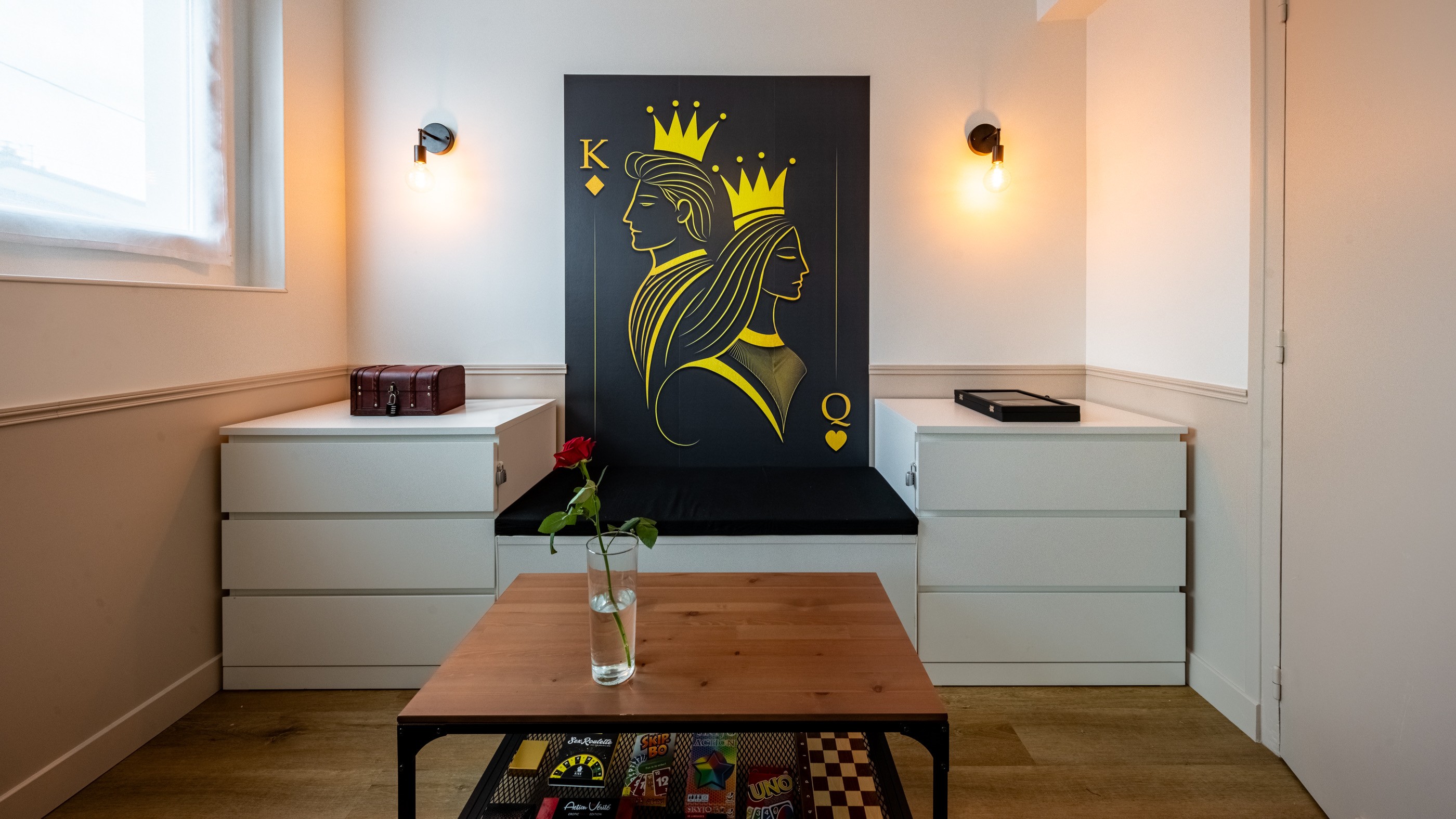 Sunlight streams through a narrow sandstone canyon.