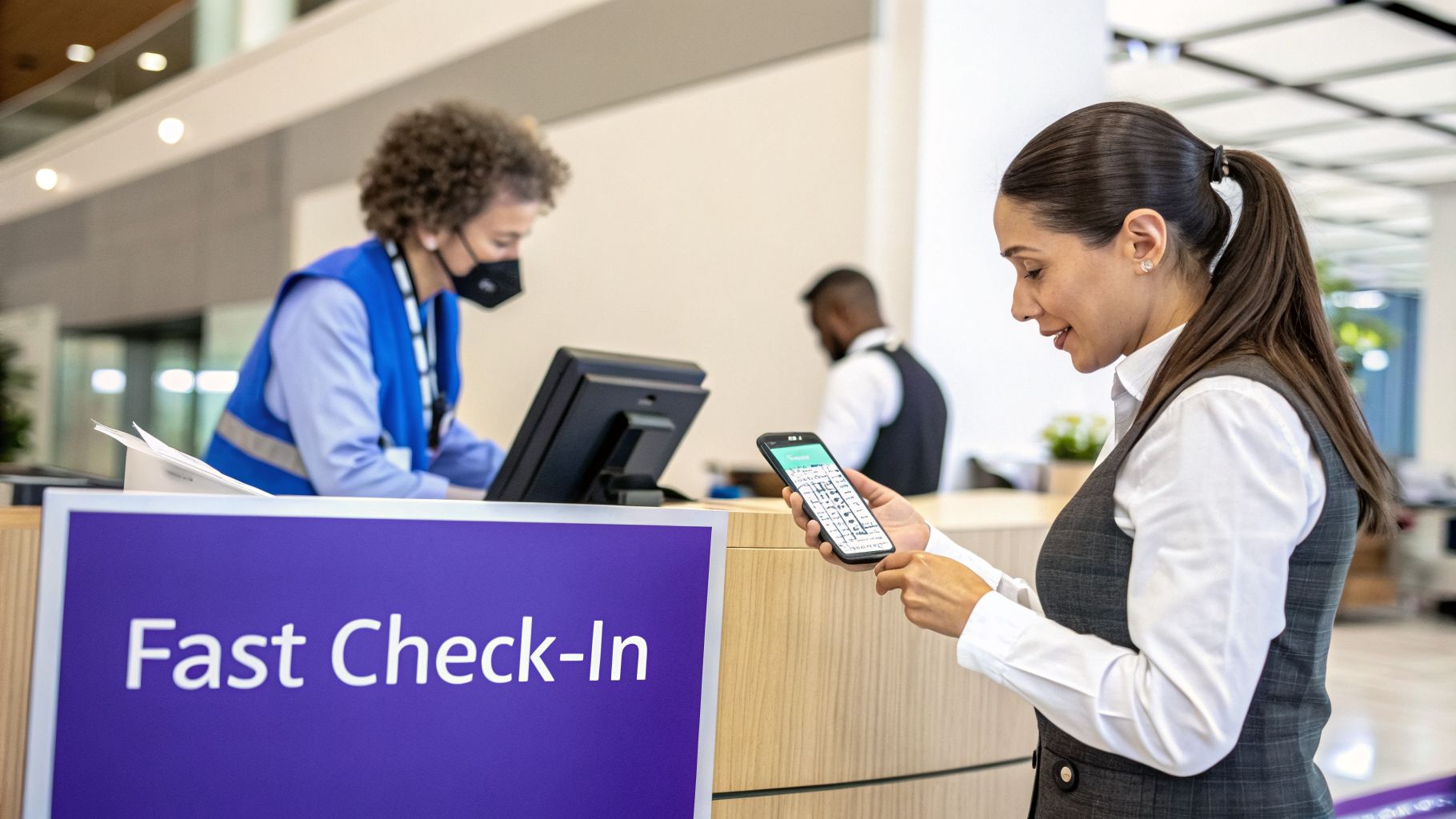 A smiling woman uses a smartphone app for fast check-in at a modern reception desk with staff.